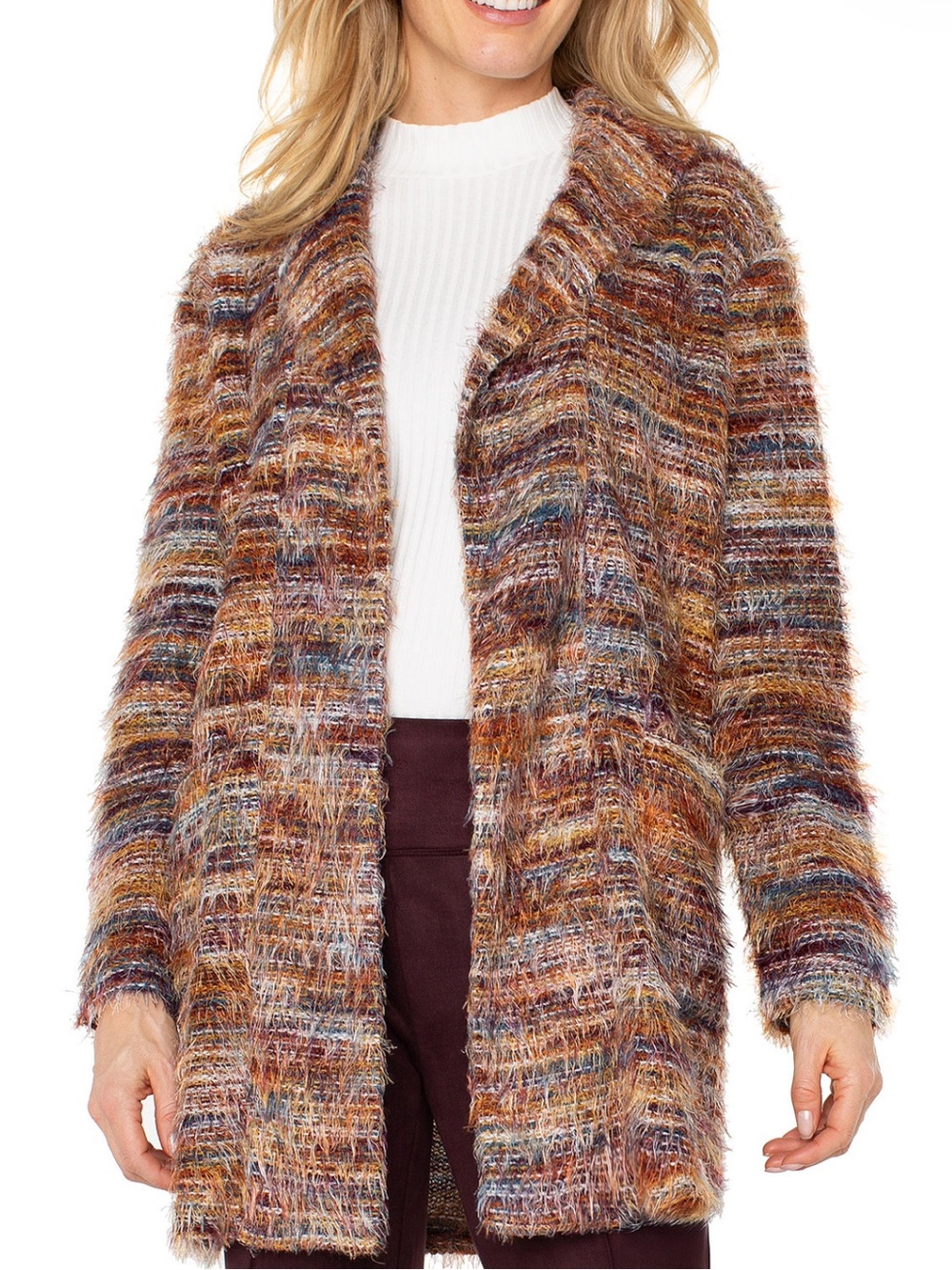 LIVERPOOL WOMEN'S OPEN FRONT COATIGAN SWEATER / MULTI FEATHER KNIT